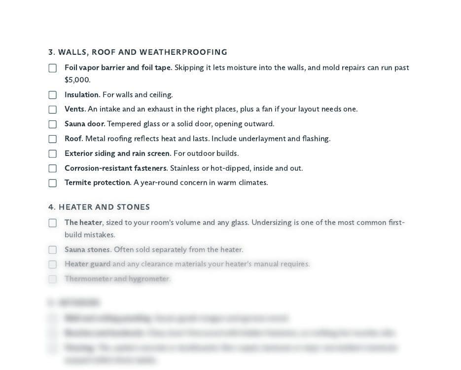 Preview of the checklist's walls, heater and interior pages
